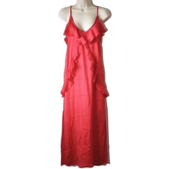 MLM Label Ruffle Silk Slip Dress S Cherry Red - Picture 2 of 10